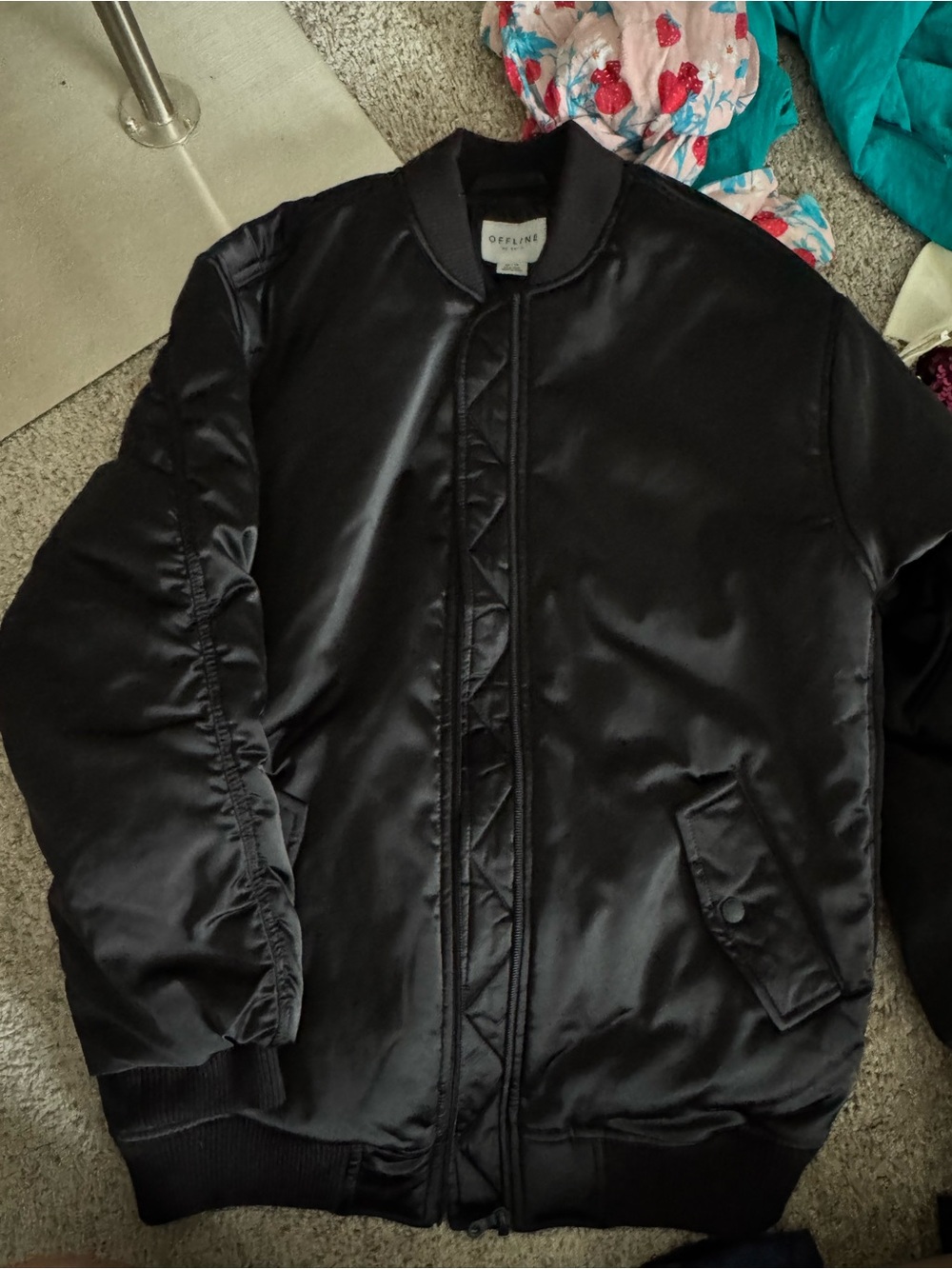 Offline by Aerie Black Satin Bomber Jacket Puffer Coat Size XS
